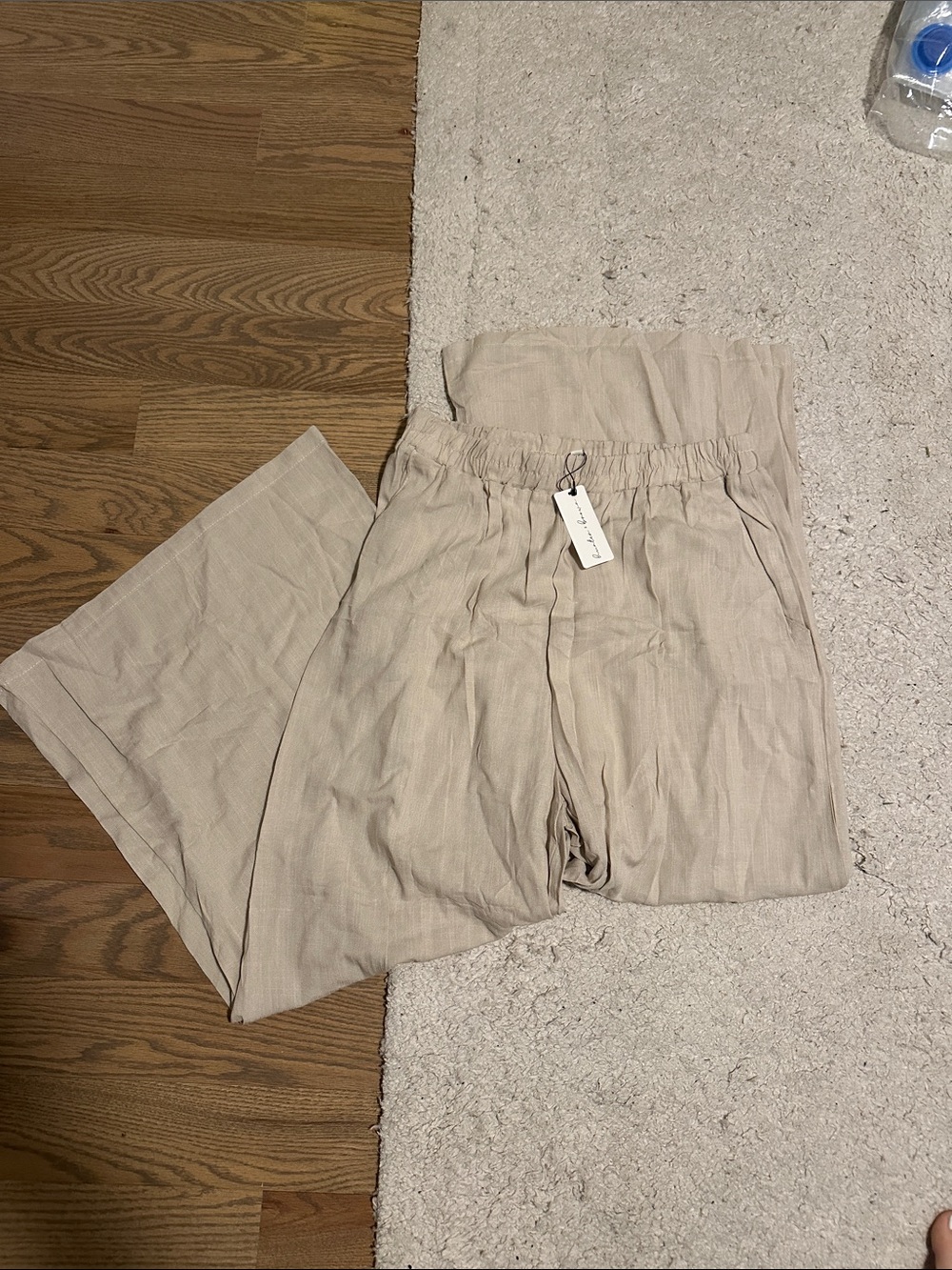 NWT Beige Wide-Leg Linen Blend Pants